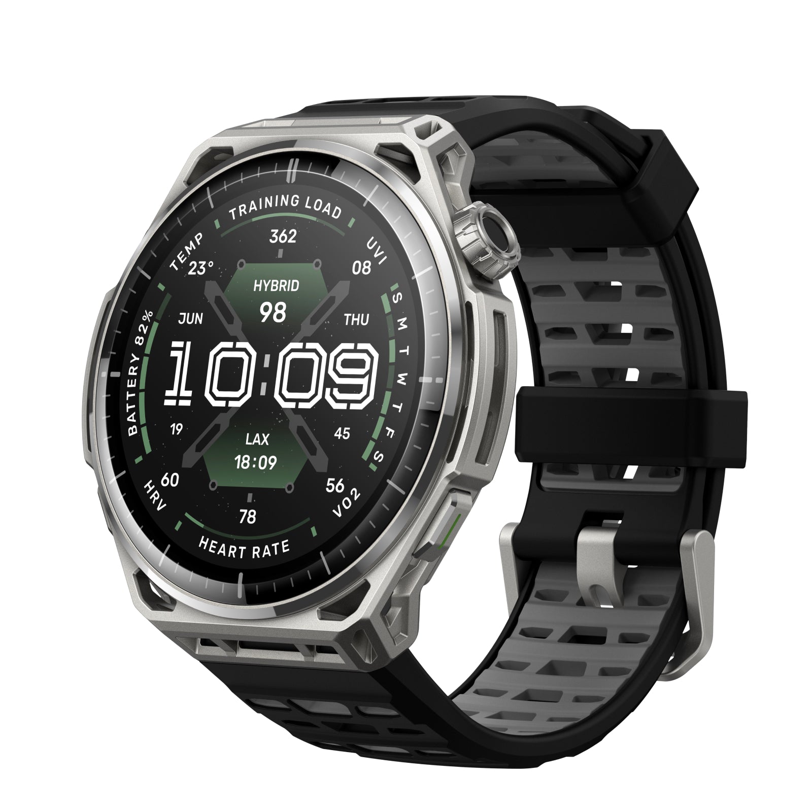 Amazfit Balance 3 con caja de acero inoxidable y pantalla AMOLED circular, vista frontal.